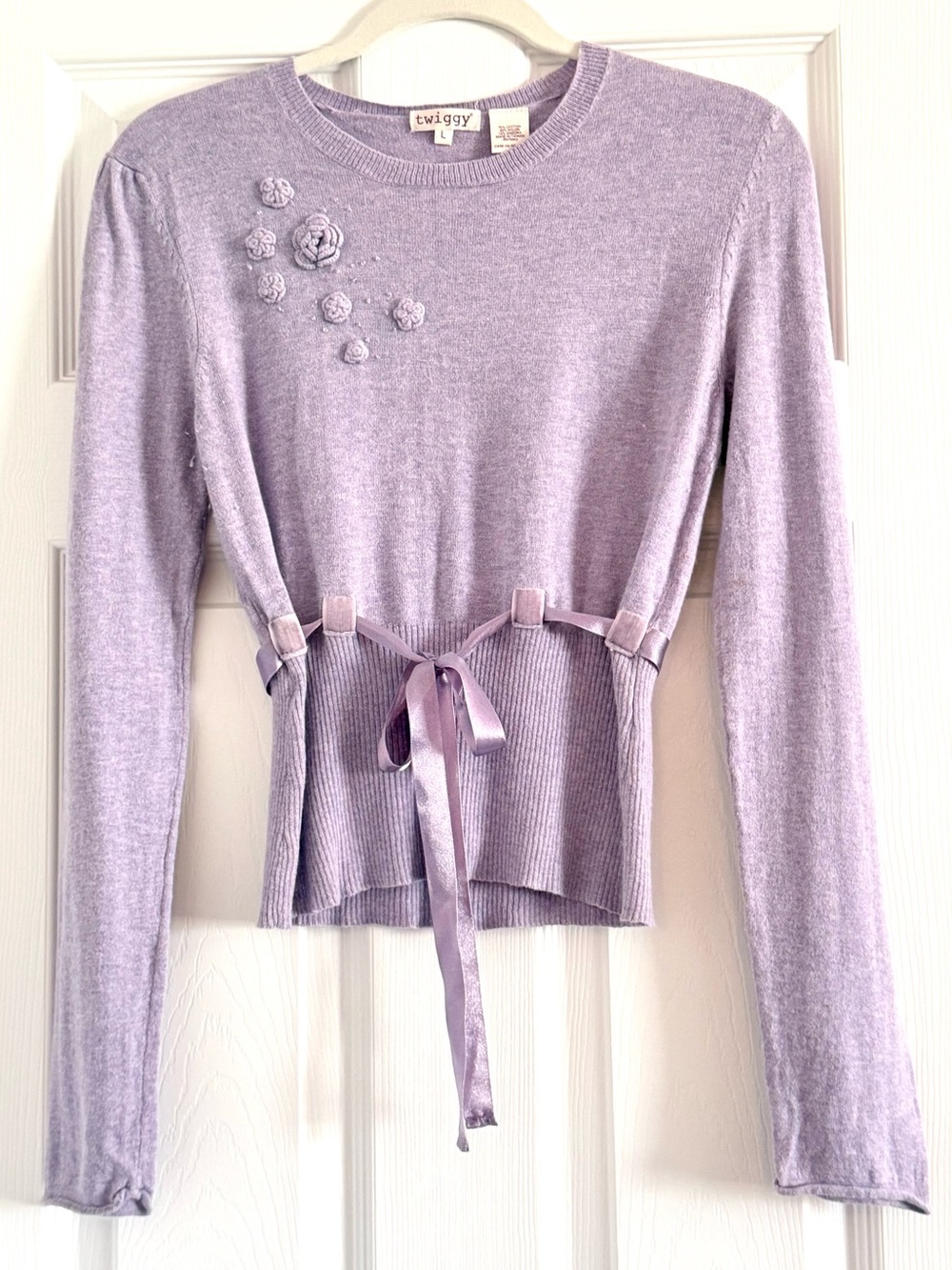 Twiggy Lavender Heather Ribbon-Waist Long Sleeve Sweater Top Large
